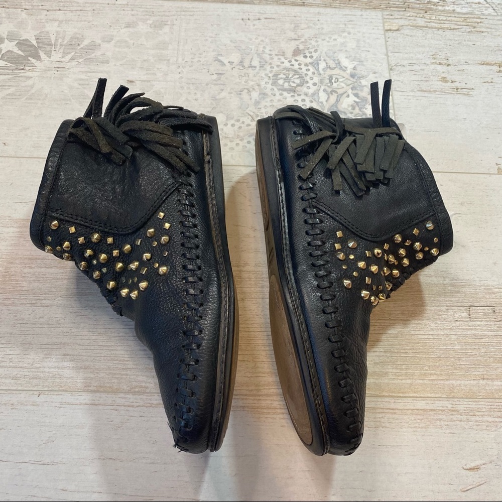 Zara Black Leather Studded Fringe Moccasins - Picture 5 of 10